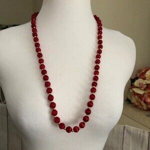 Vintage Dark Red Satiny Thread Beaded Necklace
